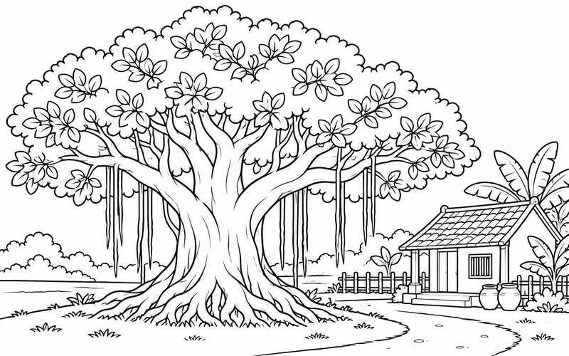 Tranh tô màu cây đa cạnh ngôi nhà nhỏ