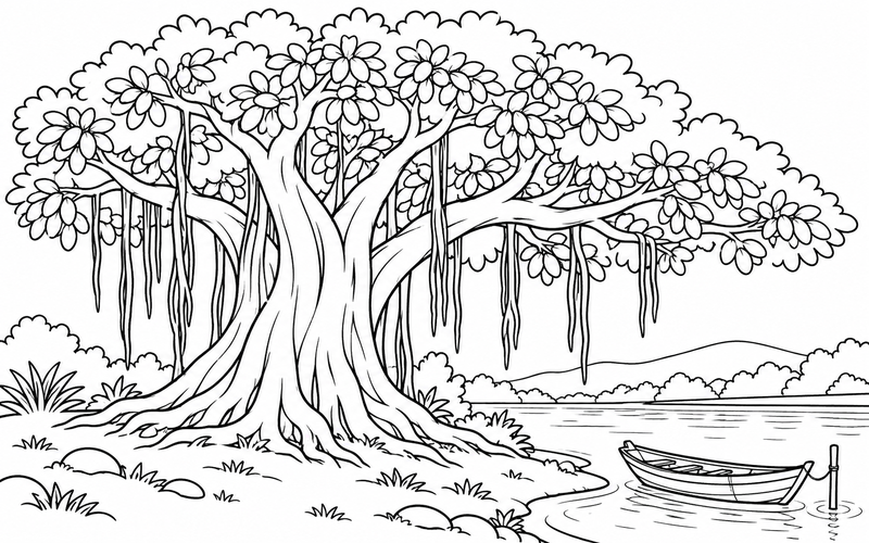 Tranh tô màu cây đa bên bờ sông có thuyền gỗ