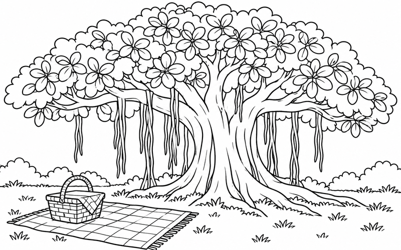 Tranh tô màu cây đa bên giỏ picnic