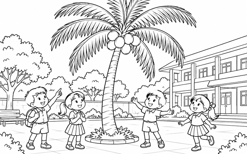 Tranh tô màu cây dừa trong sân trường