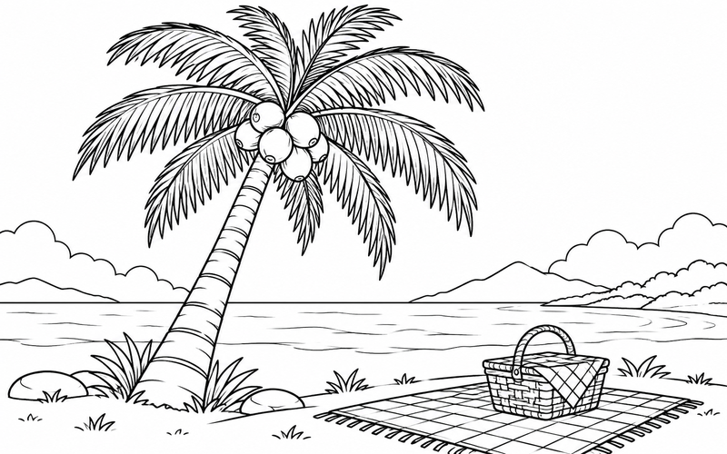Tranh tô màu cây dừa cạnh giỏ picnic
