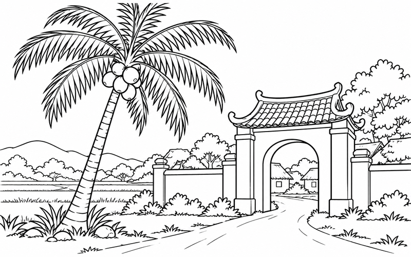 Tranh tô màu cây dừa bên cổng làng