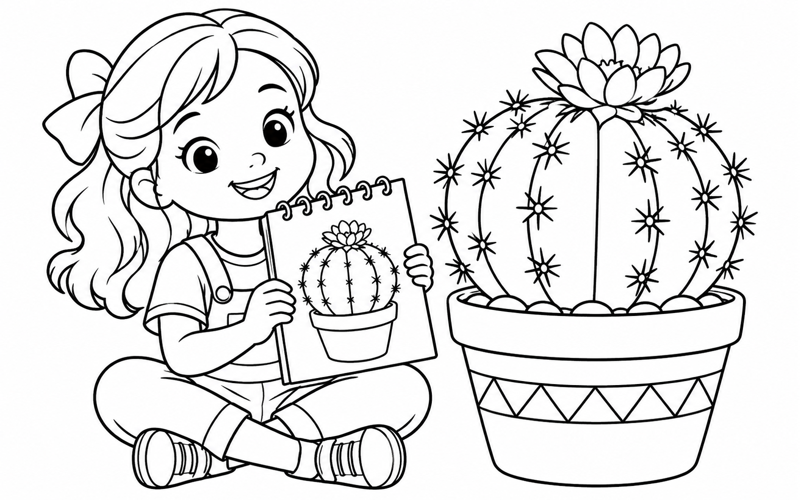 Tranh tô màu bé gái và bức vẽ xương rồng tròn