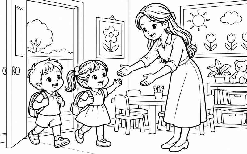 Tranh tô màu cô giáo mầm non đón bé trước cửa lớp
