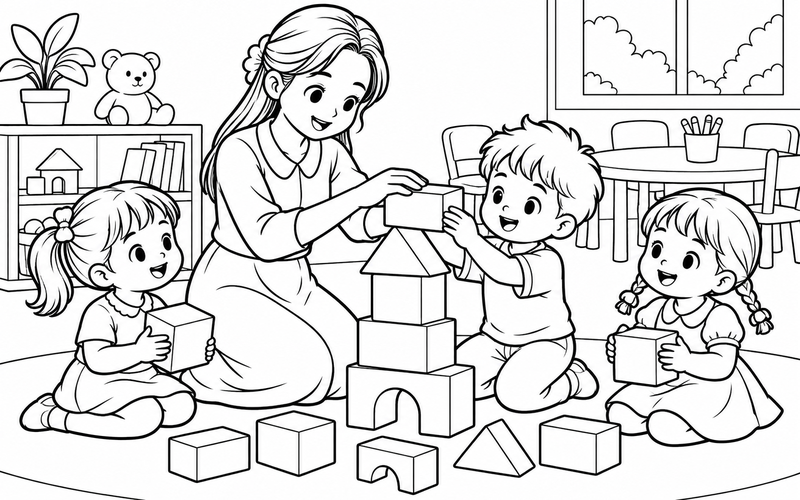Tranh tô màu cô giáo cùng bé xếp khối gỗ