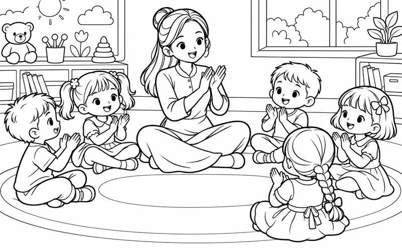 Tranh tô màu cô giáo hướng dẫn các bé vỗ tay theo nhịp