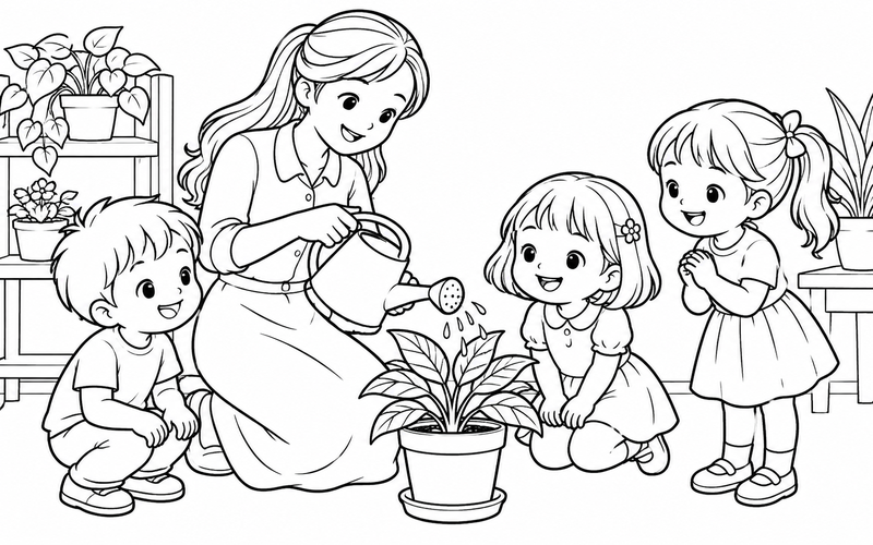 Tranh tô màu cô giáo cùng bé tưới cây trong chậu