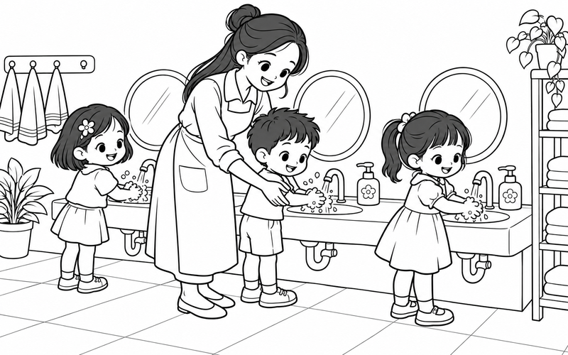 Tranh tô màu cô giáo hướng dẫn bé rửa tay
