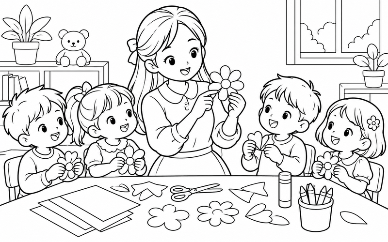 Tranh tô màu cô giáo hướng dẫn làm hoa giấy
