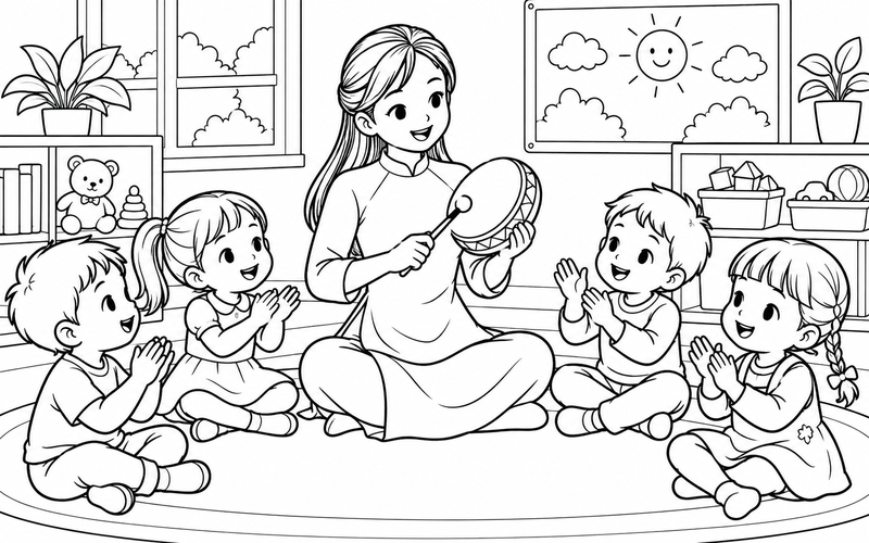 Tranh tô màu cô giáo gõ trống nhỏ trong giờ âm nhạc