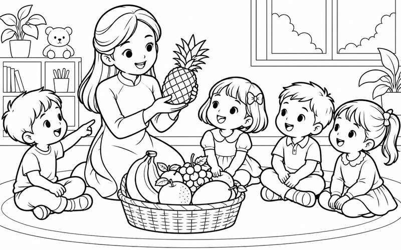 Tranh tô màu cô giáo giới thiệu giỏ trái cây