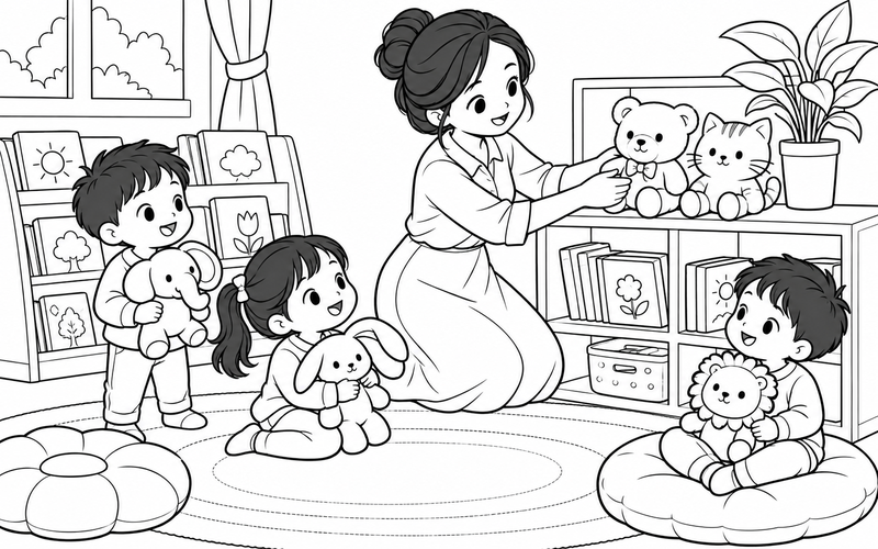 Tranh tô màu cô giáo sắp xếp góc chơi thú bông