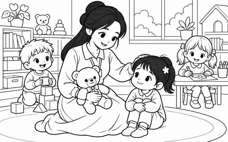Tranh tô màu cô giáo động viên bé bên gấu bông
