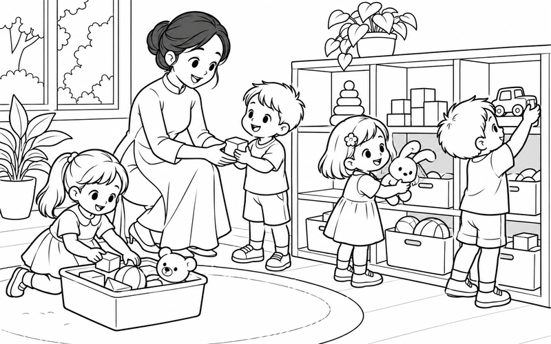 Tranh tô màu cô giáo mầm non cùng bé cất đồ chơi