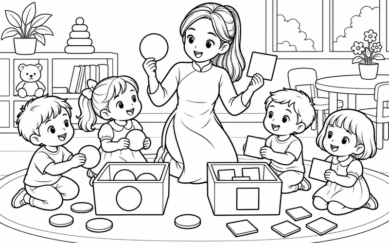 Tranh tô màu cô giáo mầm non dạy bé phân loại hình khối