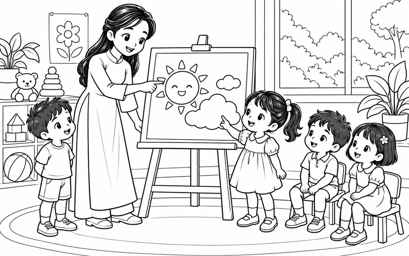Tranh tô màu cô giáo mầm non giới thiệu tranh nắng và mây