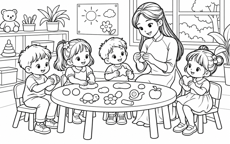 Tranh tô màu cô giáo mầm non cùng bé nặn đất tạo hình