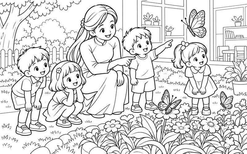 Tranh tô màu cô giáo mầm non quan sát bướm cùng bé