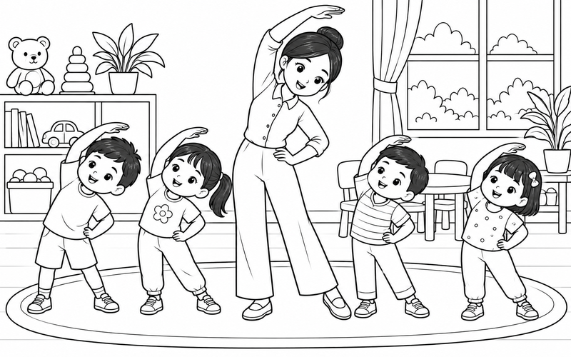 Tranh tô màu cô giáo mầm non cùng bé tập giãn cơ