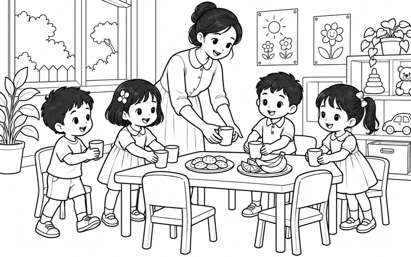 Tranh tô màu cô giáo mầm non chuẩn bị bàn ăn nhẹ
