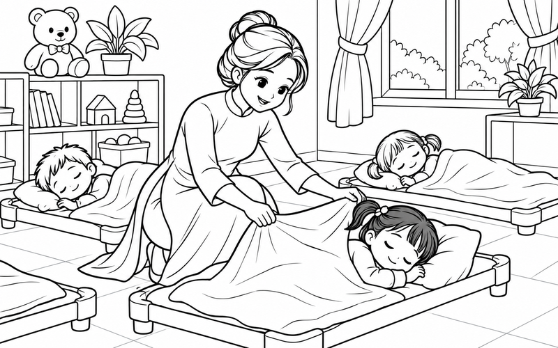 Tranh tô màu cô giáo mầm non chăm sóc giờ ngủ trưa