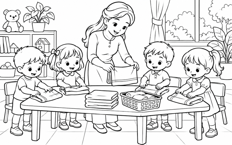 Tranh tô màu cô giáo mầm non dạy bé gấp khăn