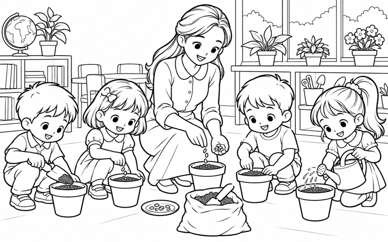 Tranh tô màu cô giáo mầm non cùng bé gieo hạt