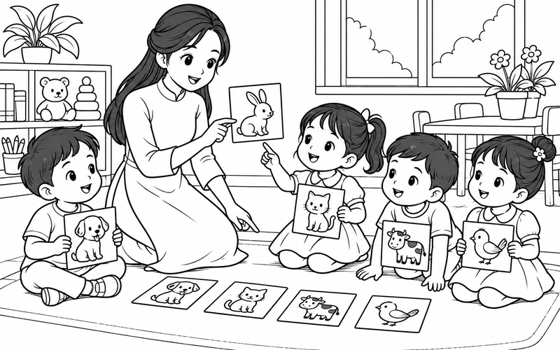 Tranh tô màu cô giáo mầm non chơi ghép thẻ động vật