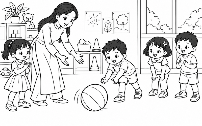 Tranh tô màu cô giáo mầm non chơi chuyền bóng mềm