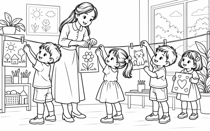 Tranh tô màu cô giáo mầm non trưng bày tranh của bé