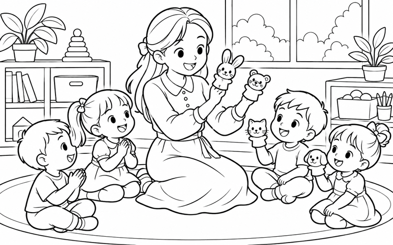 Tranh tô màu cô giáo mầm non cùng bé chơi rối ngón tay