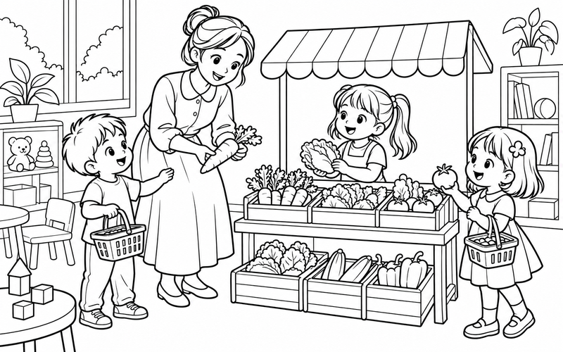 Tranh tô màu cô giáo mầm non chơi cửa hàng rau củ