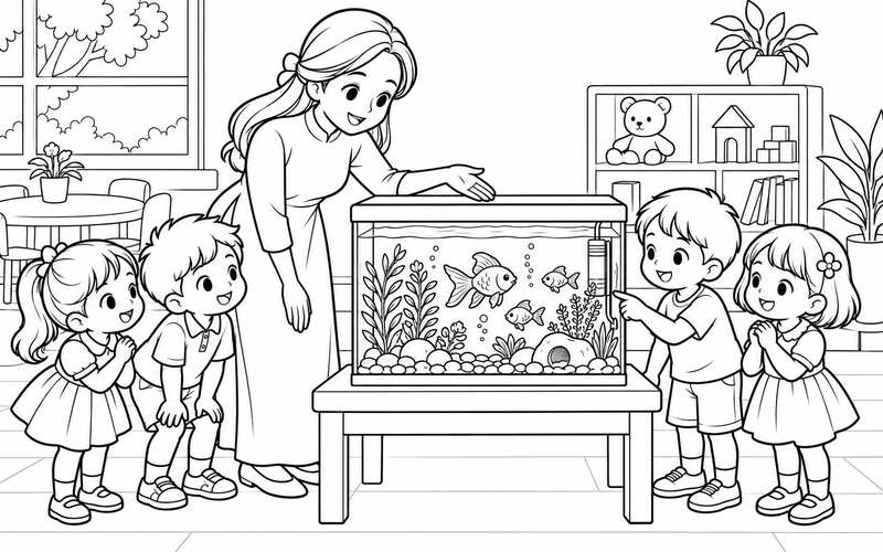 Tranh tô màu cô giáo mầm non quan sát bể cá trong lớp