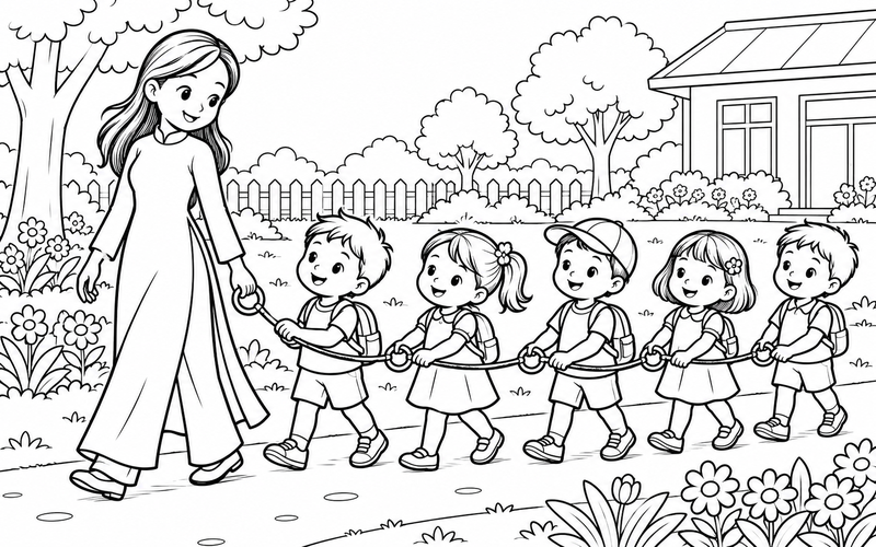 Tranh tô màu cô giáo mầm non dạo vườn cùng các bé