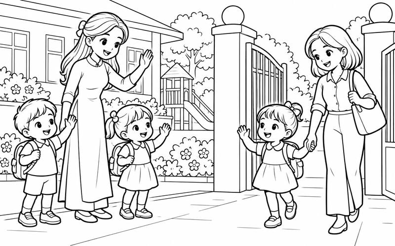 Tranh tô màu cô giáo mầm non tạm biệt bé ở cổng trường