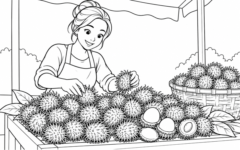 Tranh tô màu người bán sắp chôm chôm ở quầy trái cây
