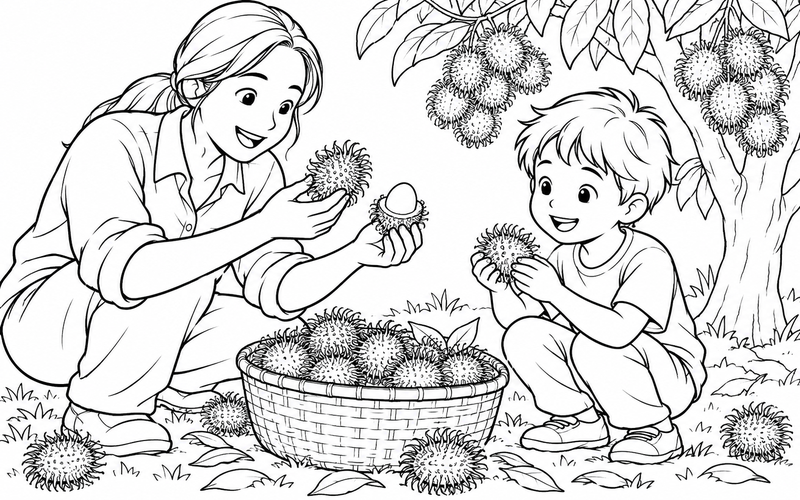Tranh tô màu người lớn cùng bé xem chôm chôm vừa thu hoạch