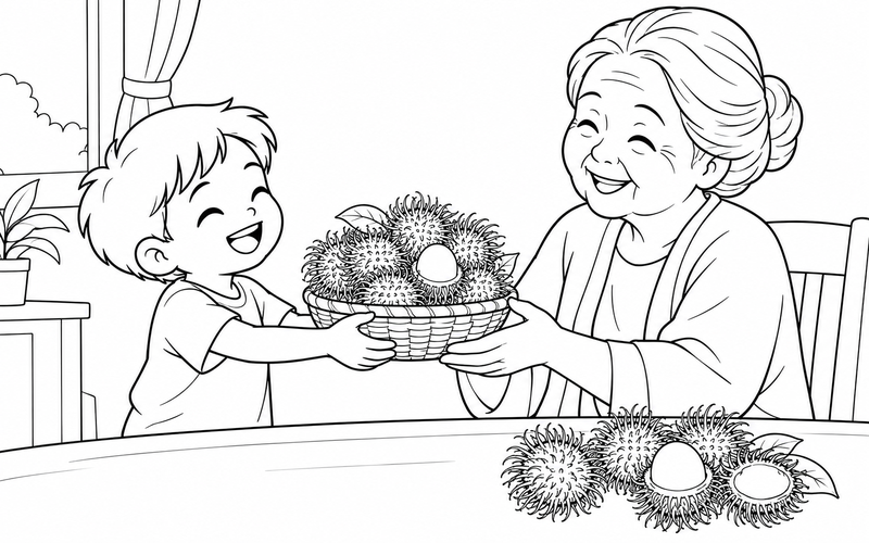 Tranh tô màu bé tặng giỏ chôm chôm cho ông bà
