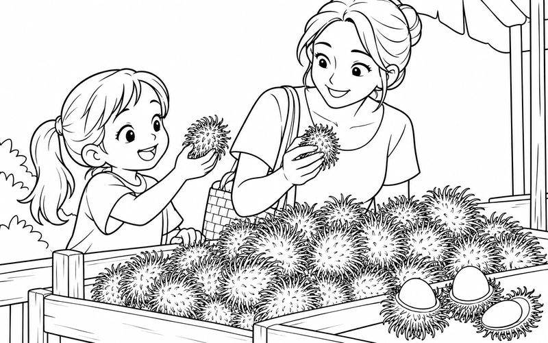 Tranh tô màu bé cùng người lớn chọn chôm chôm ở chợ