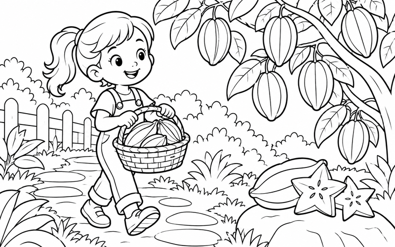 Tranh tô màu bé mang giỏ khế trong vườn