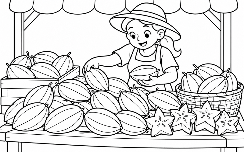 Tranh tô màu người bán sắp khế ở quầy trái cây