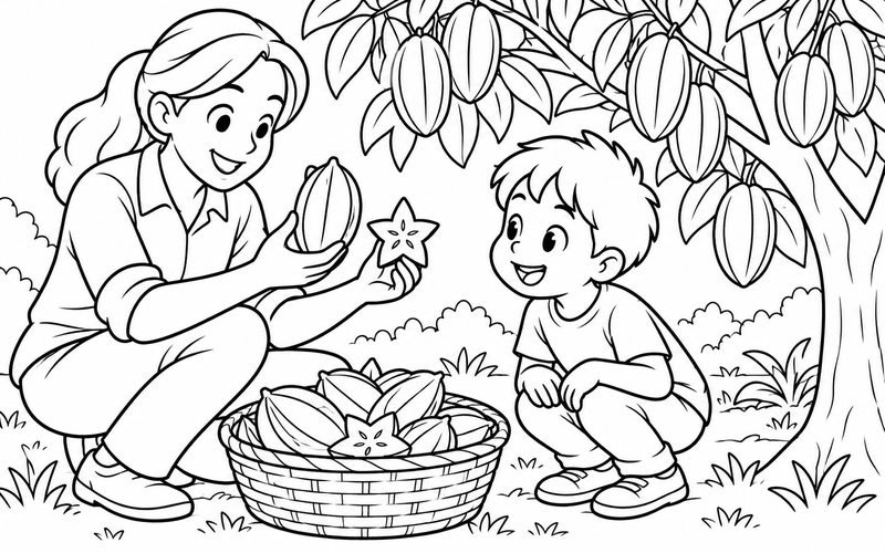Tranh tô màu người lớn cùng bé xem khế vừa thu hoạch