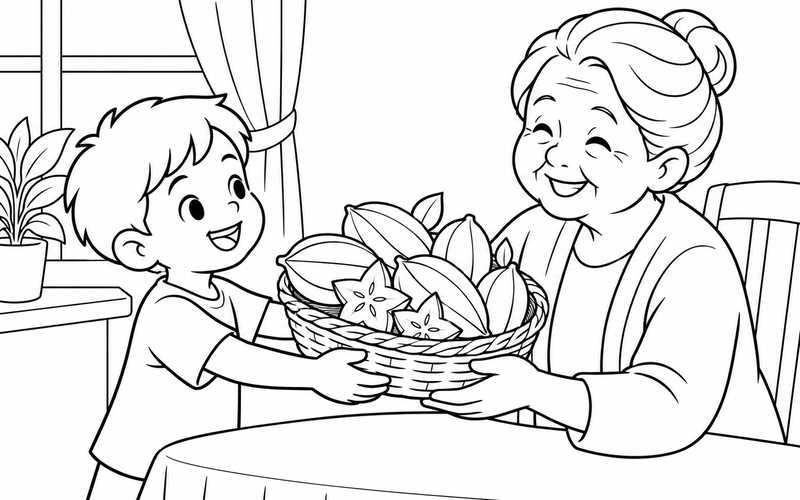 Tranh tô màu bé tặng giỏ khế cho ông bà