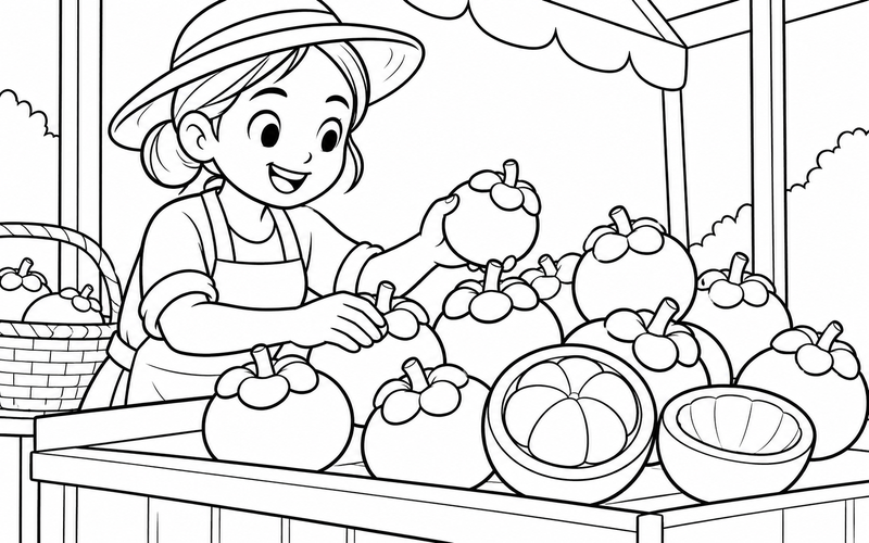 Tranh tô màu người bán sắp măng cụt ở quầy trái cây