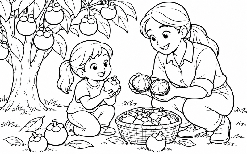 Tranh tô màu người lớn cùng bé xem măng cụt vừa thu hoạch