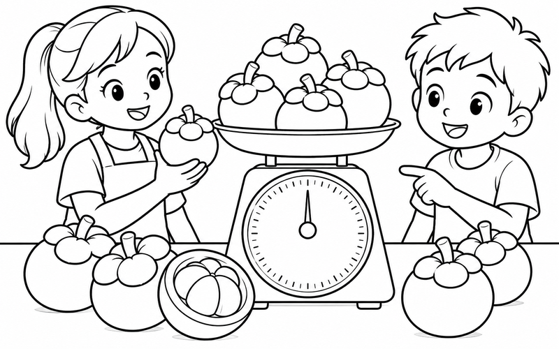 Tranh tô màu quả măng cụt trên chiếc cân