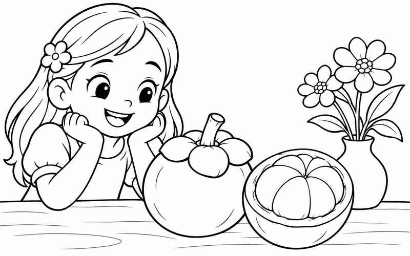 Tranh tô màu quả măng cụt bên bình hoa nhỏ