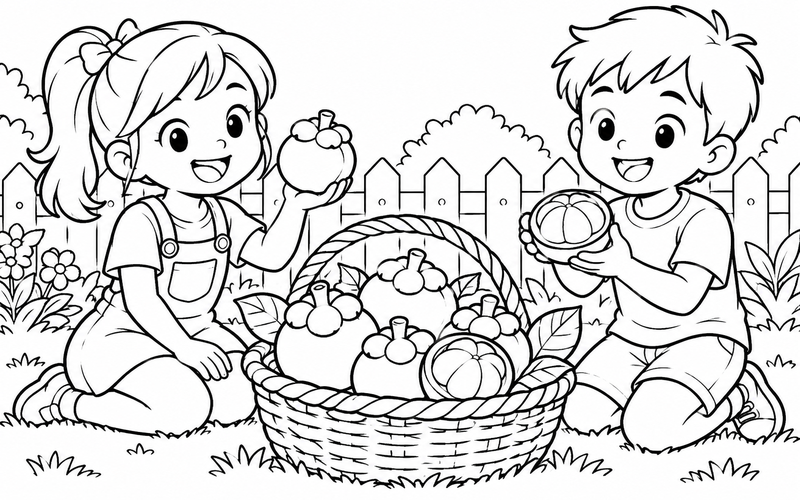 Tranh tô màu giỏ măng cụt cạnh hàng rào