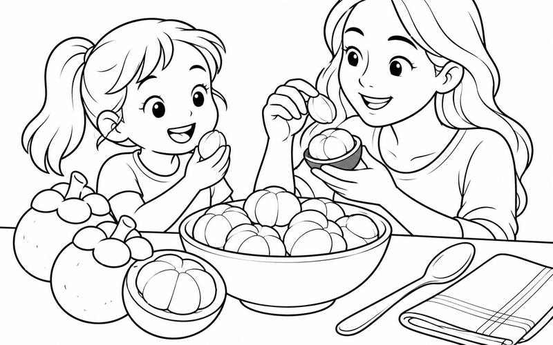 Tranh tô màu bữa nhẹ với măng cụt trên bàn