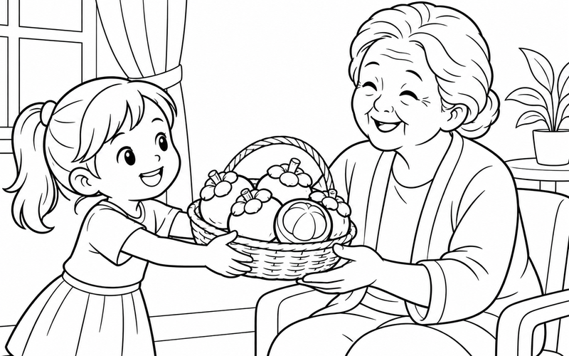 Tranh tô màu bé tặng giỏ măng cụt cho ông bà